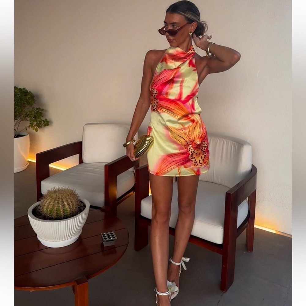 Jaded London Floral Satin Mini Dress in Red, Pink and Yellow - Picture 3 of 11